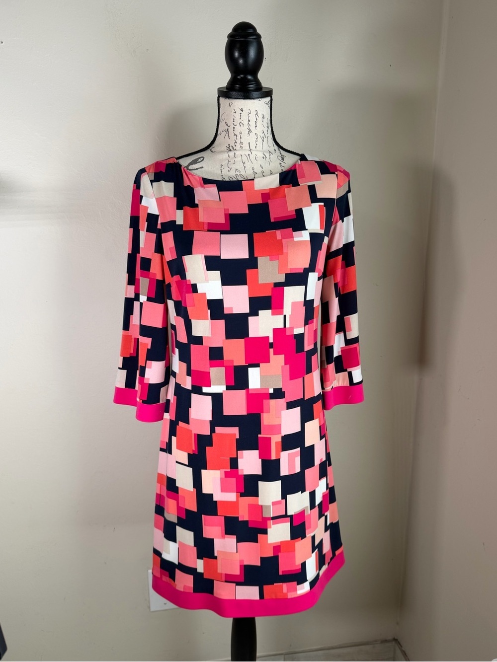 Jessica Pink, Navy and White Geometric Shift Mini Dress